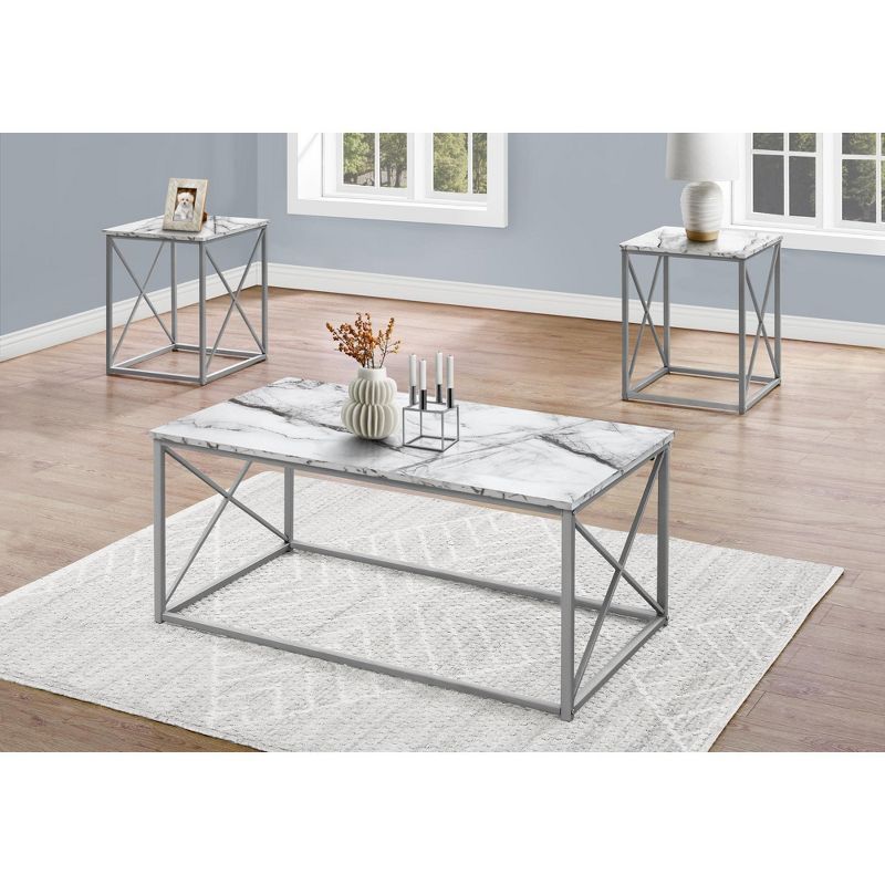 White Marble and Silver Metal 3-Piece Coffee and End Table Set