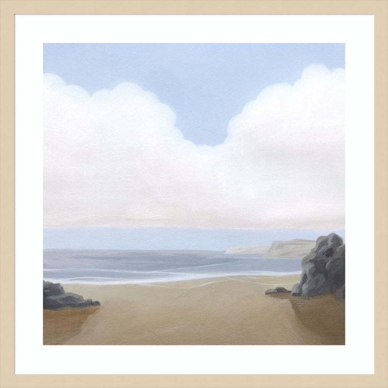 Serene Ocean Landscape Lithograph with Natural Wood Frame