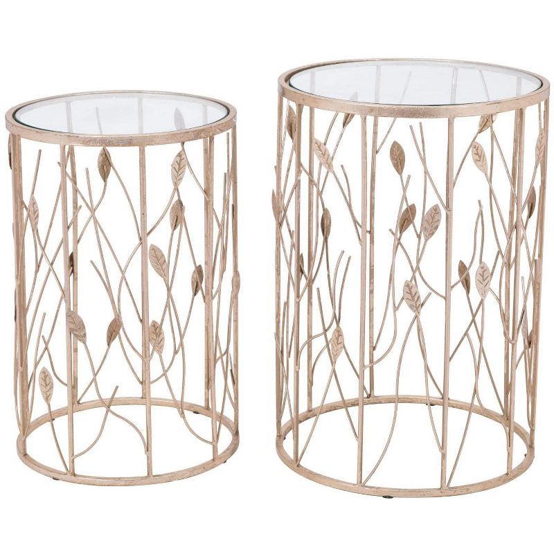 Gold and Glass Botanical Round Accent Tables Set of 2