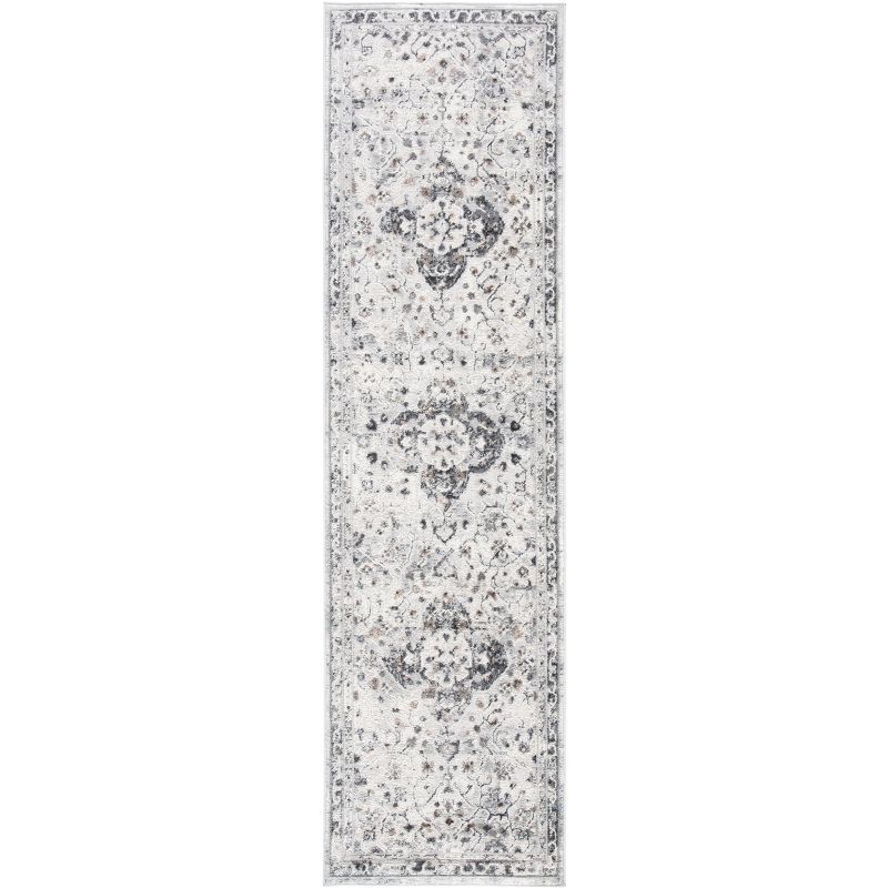 Ivory and Grey Hand-Knotted Synthetic Runner Rug, 2' x 7'