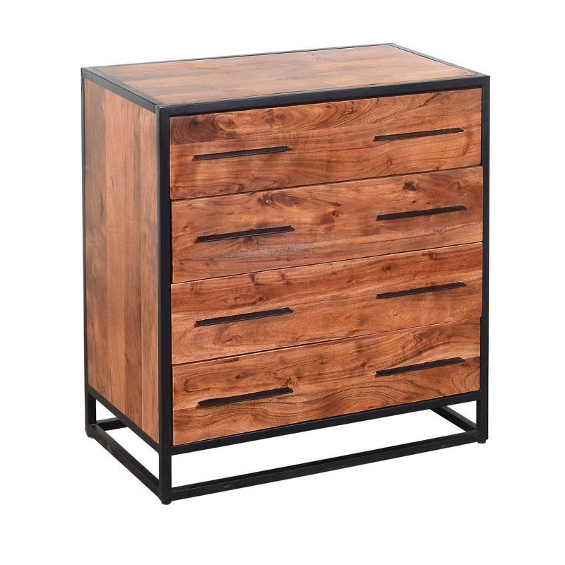 Industrial Brown Acacia Wood and Metal 4-Drawer Dresser with Levelers