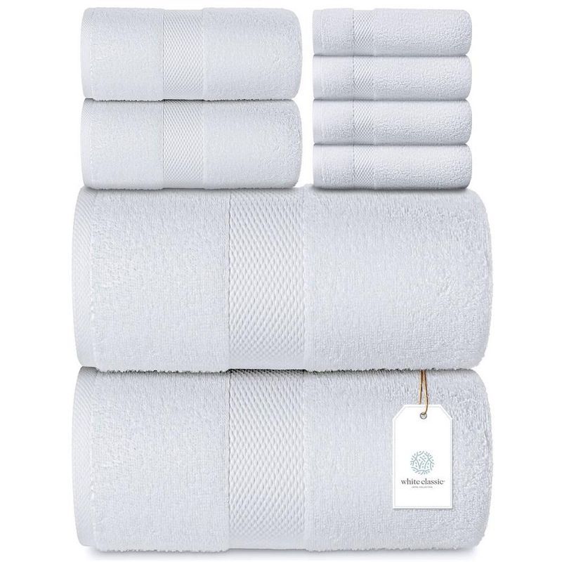 White Classic Luxury Cotton 8 Piece Towel Set with Washcloths and Hand Towels