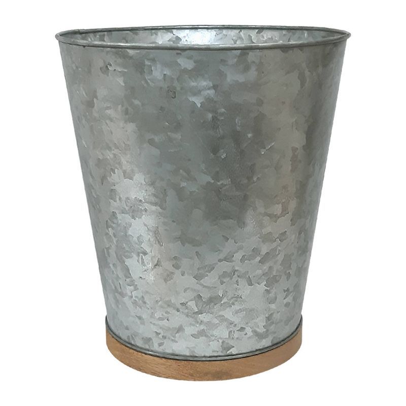 Galvanized Silver and Wood Bathroom Wastebasket