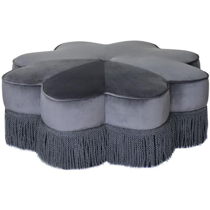 Tanith Dark Grey Velvet Flower Ottoman with Fringe