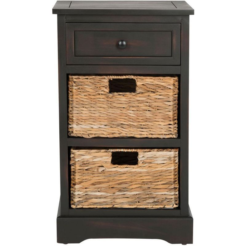 Transitional Brown Pine 3-Drawer Side Table with Woven Baskets