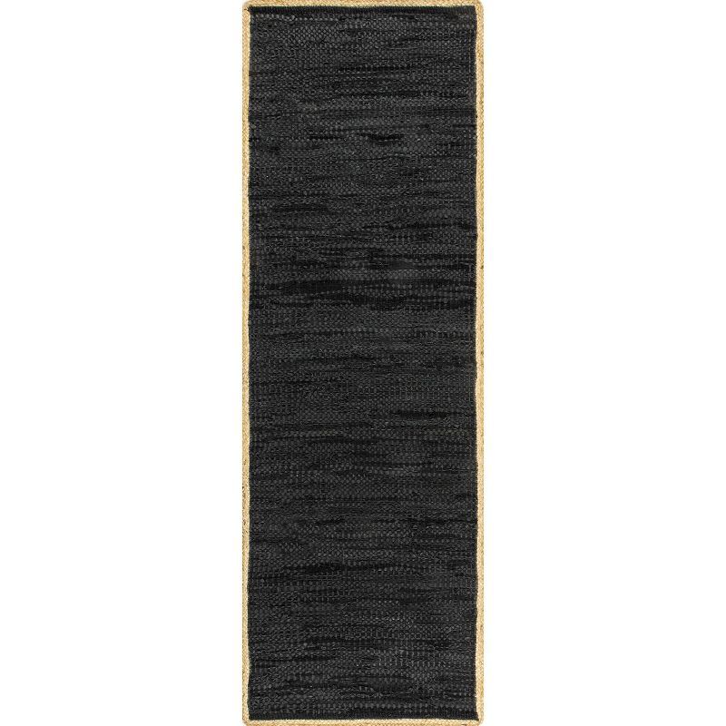 Handwoven Black Leather and Hemp Flatweave Runner Rug, 2' x 6'