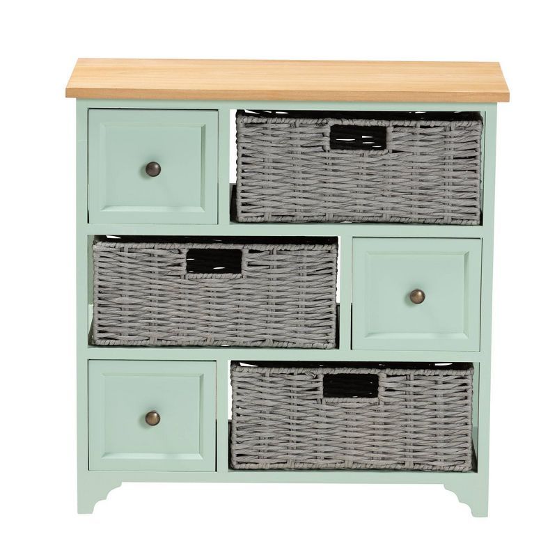 Mint Green and Oak Brown 3-Drawer Storage Unit with Wicker Baskets