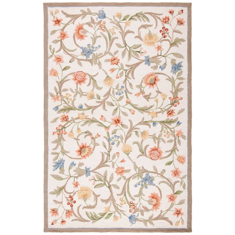 Ivory Floral Hand-Knotted Wool Round Area Rug