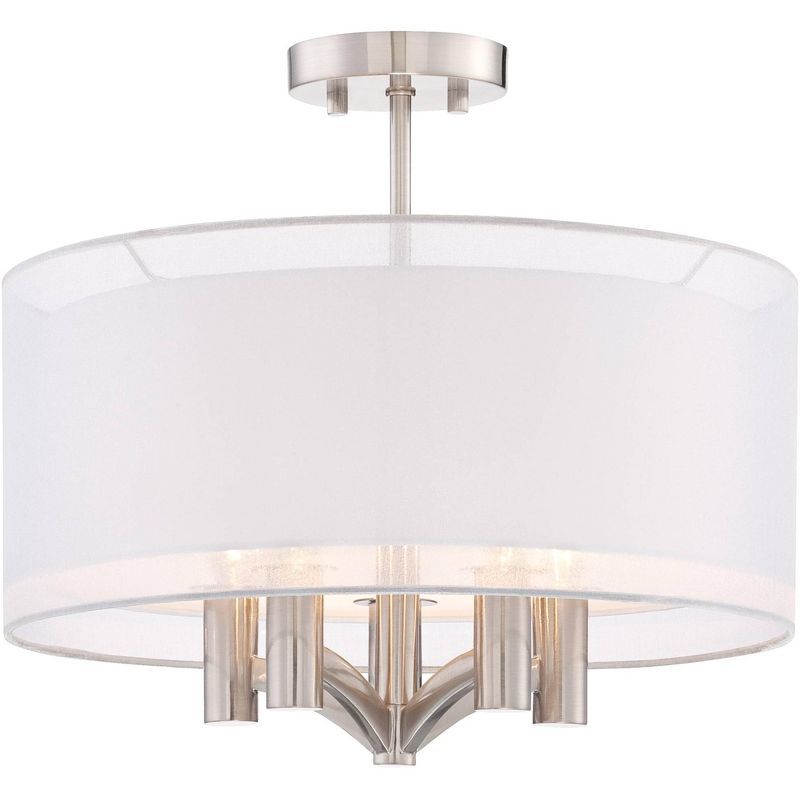 Elegant Brushed Nickel 21" Semi-Flush Ceiling Light with Sheer Silver Double Drum