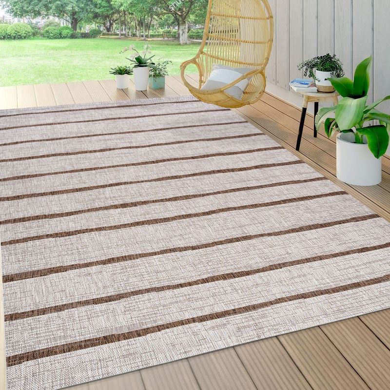 Beige and Brown Synthetic Rectangular Indoor/Outdoor Area Rug