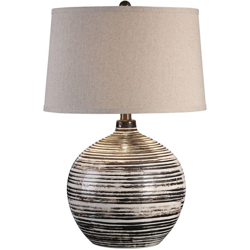 Mocha Bronze Ceramic Striped Table Lamp with Oatmeal Shade