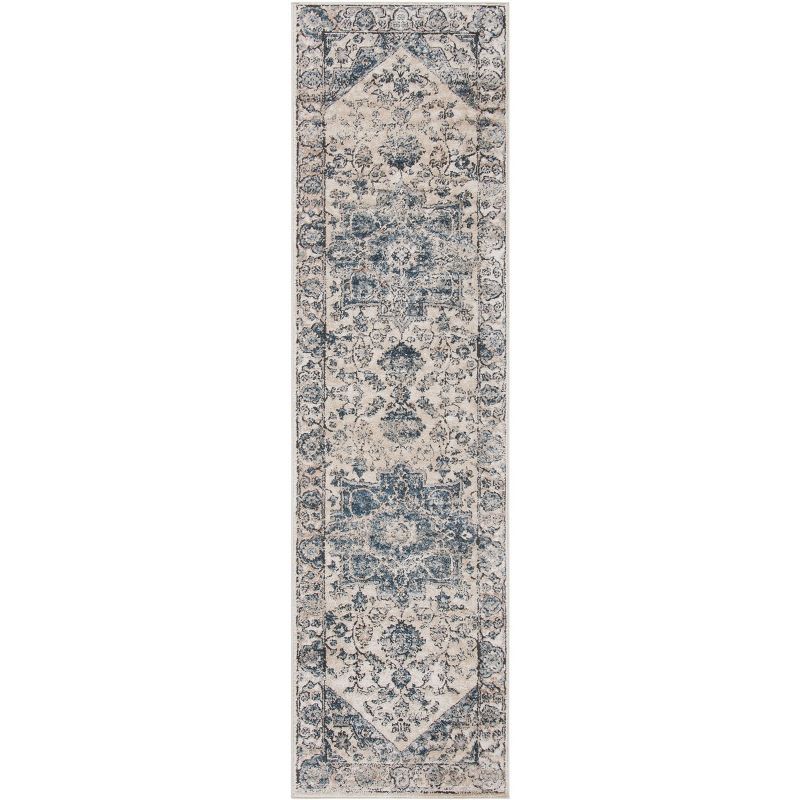 Ivory and Blue Handmade Wool Runner Rug, 2'2" x 6'