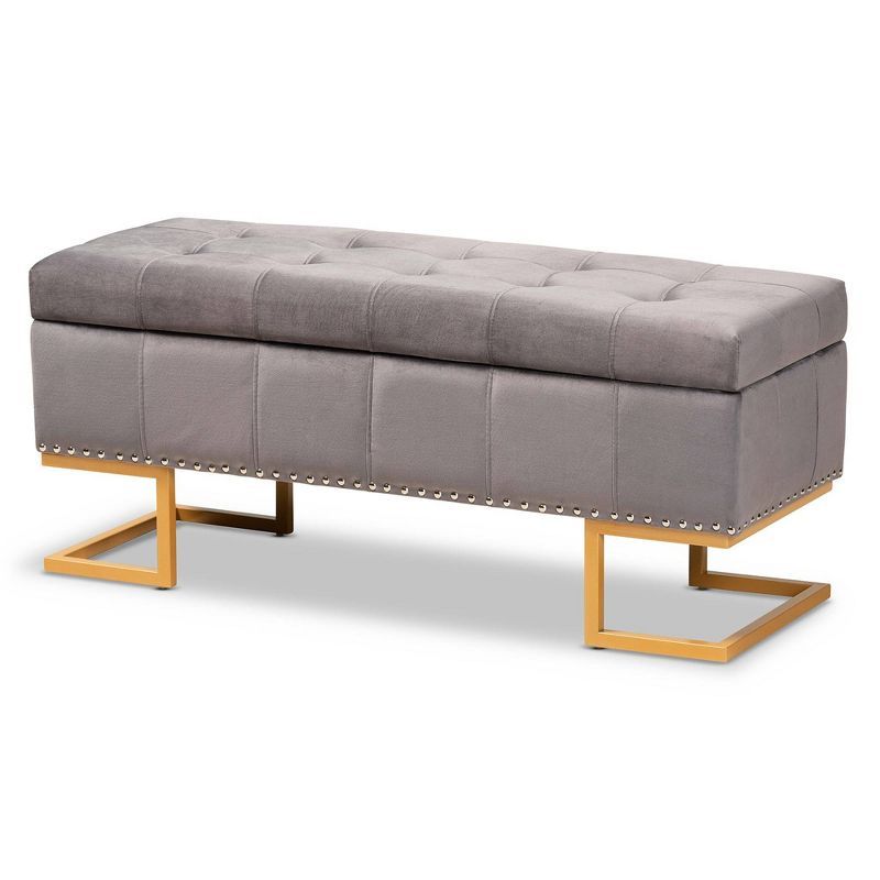 Ellery Grey Velvet Tufted Storage Ottoman with Gold Base