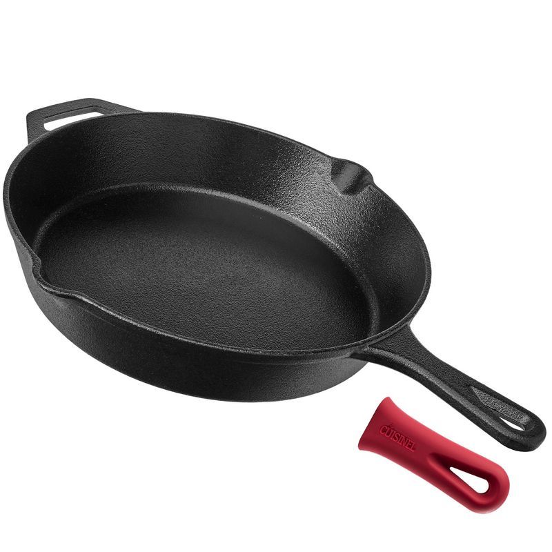 12-Inch Black Cast Iron Skillet with Red Silicone Handle