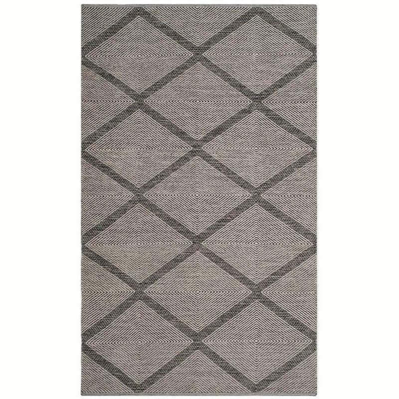 Ivory and Black Geometric Handwoven Wool-Cotton Rug, 6' x 9'