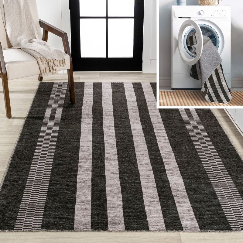 Ivory and Black Striped Synthetic Washable Area Rug