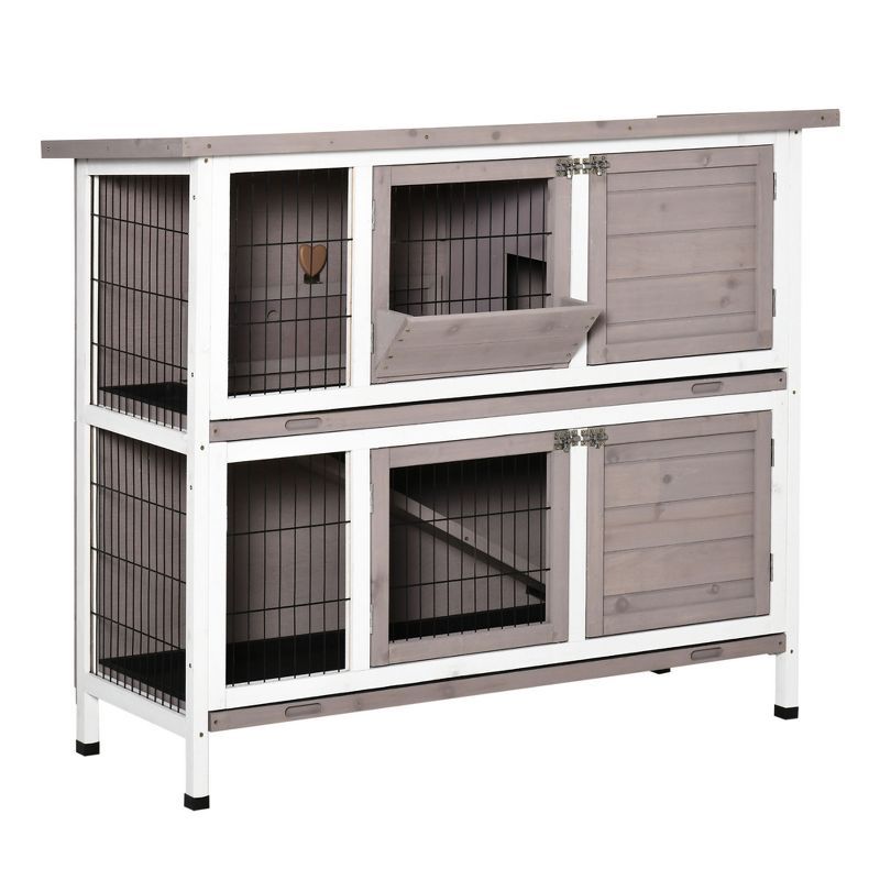 Gray and White Wooden 2-Tier Guinea Pig Cage with Slide-Out Tray