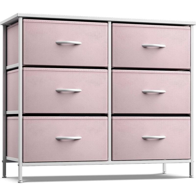 Pink 6-Drawer Fabric Dresser with Steel Frame and Wood Top