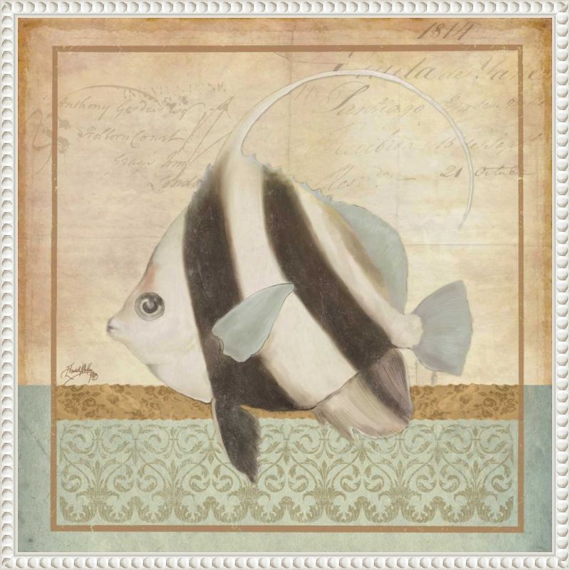 Vintage Nautical Fish Canvas Art with Beaded Frame