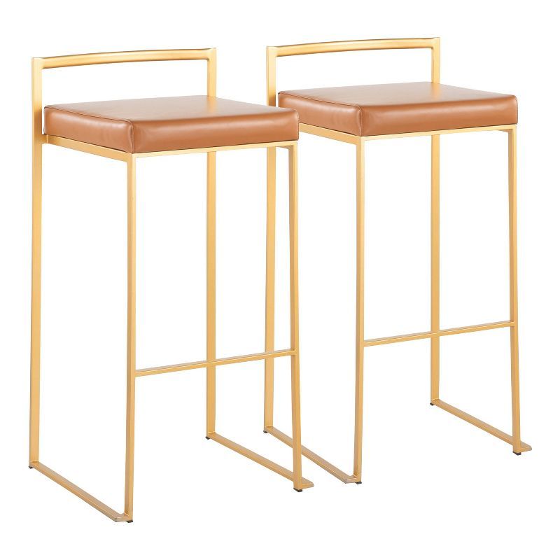 Gold and Camel Faux Leather Adjustable Bar Stools, Set of 2