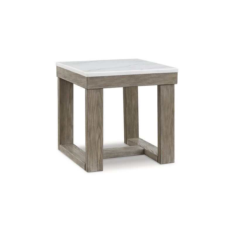 Light Brown Wood End Table with White Marble Top