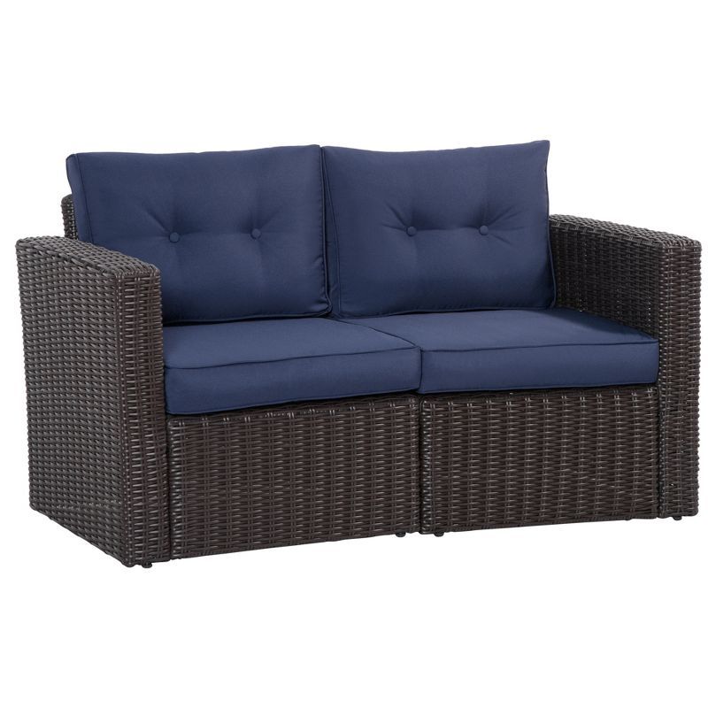 Dark Brown Wicker Two-Seater Sectional with Blue Cushions