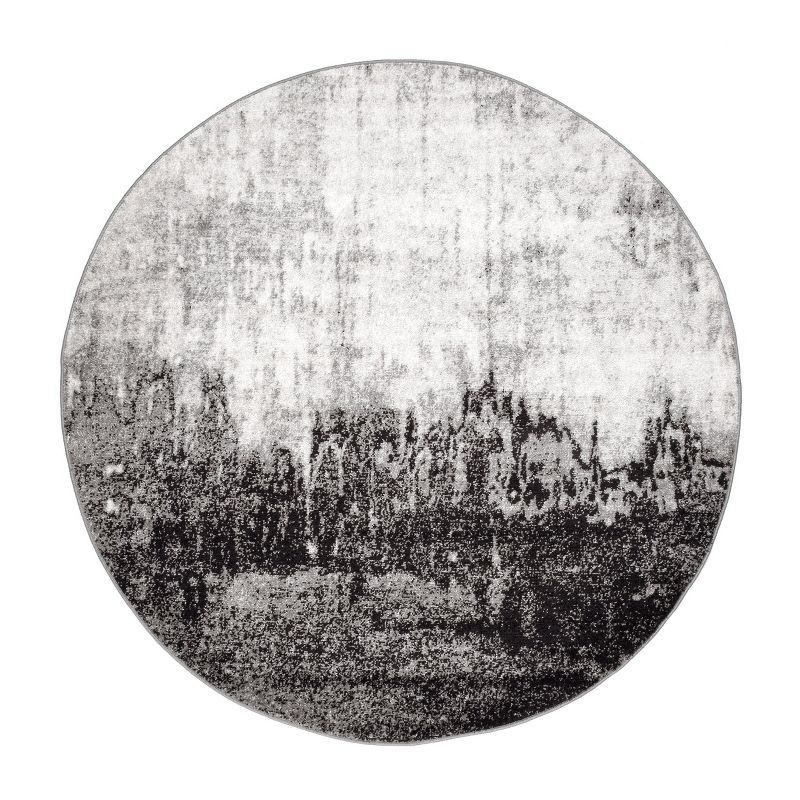 Alayna Black and Ivory Round Abstract Synthetic Rug, 5 ft
