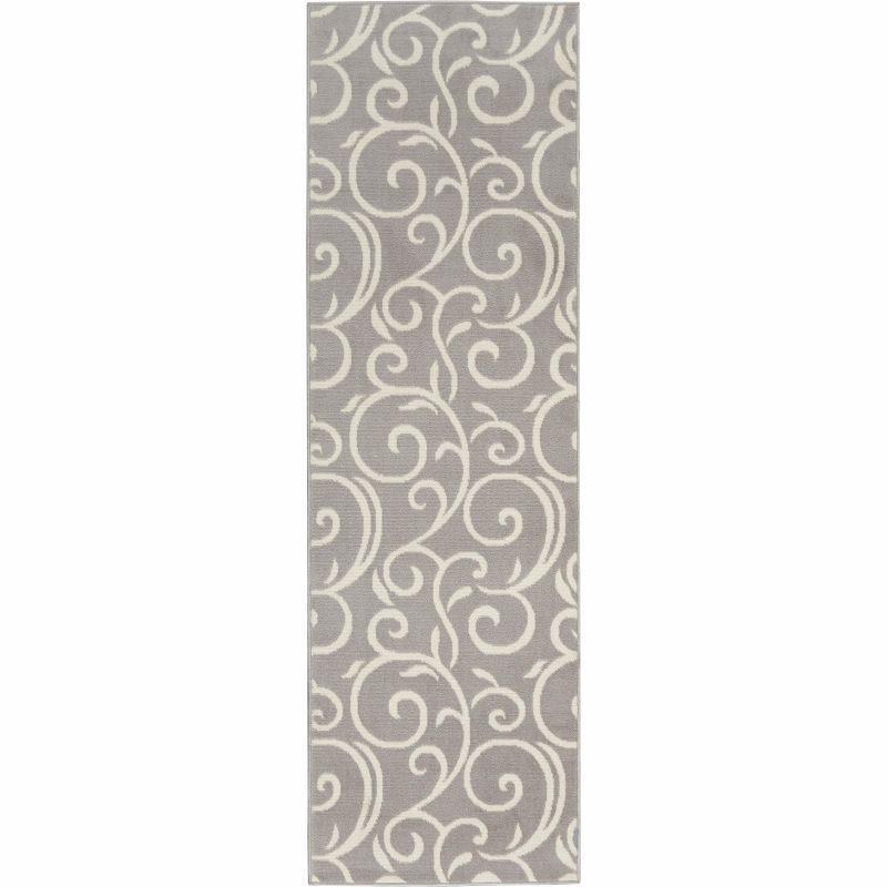 Elysian Swirls Hand-Knotted Grey Synthetic Runner Rug, 2'3" x 7'6"
