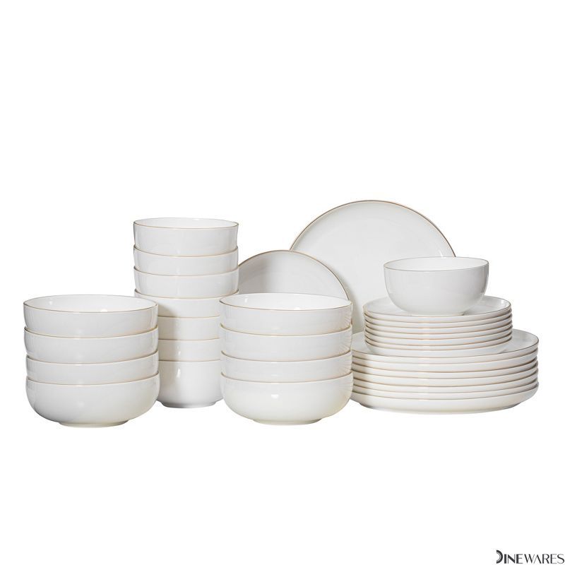 Elegant White Porcelain Dinnerware Set with Gold Rim, Service for 8
