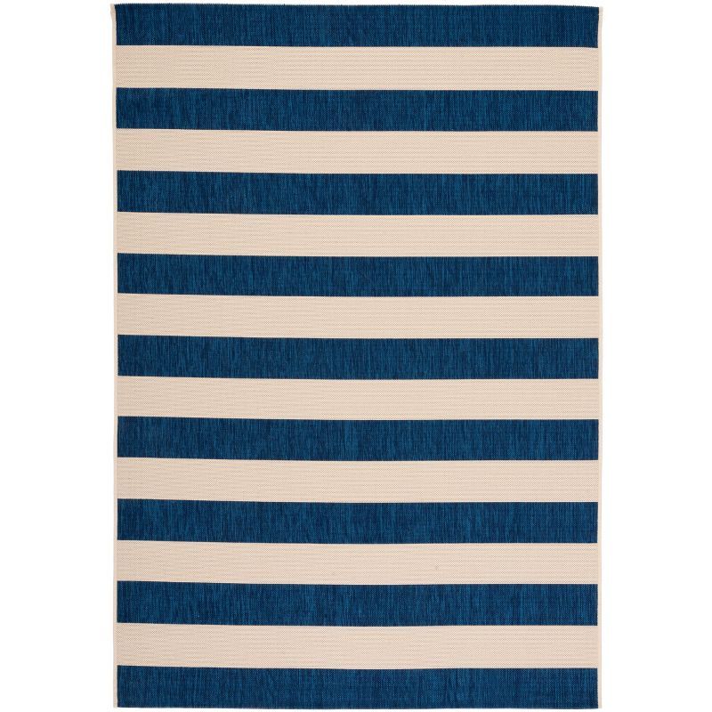 Beige and Navy Striped Synthetic Indoor/Outdoor Rug 9' x 12'