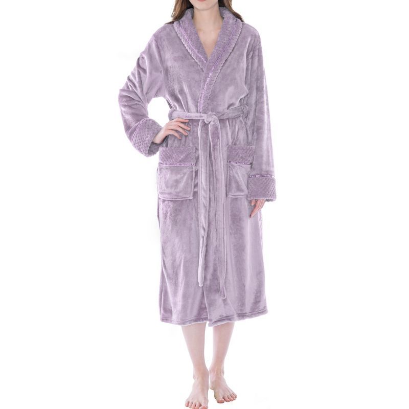 Lavender Plush Fleece Robe with Satin Trim and Waffle Cuff