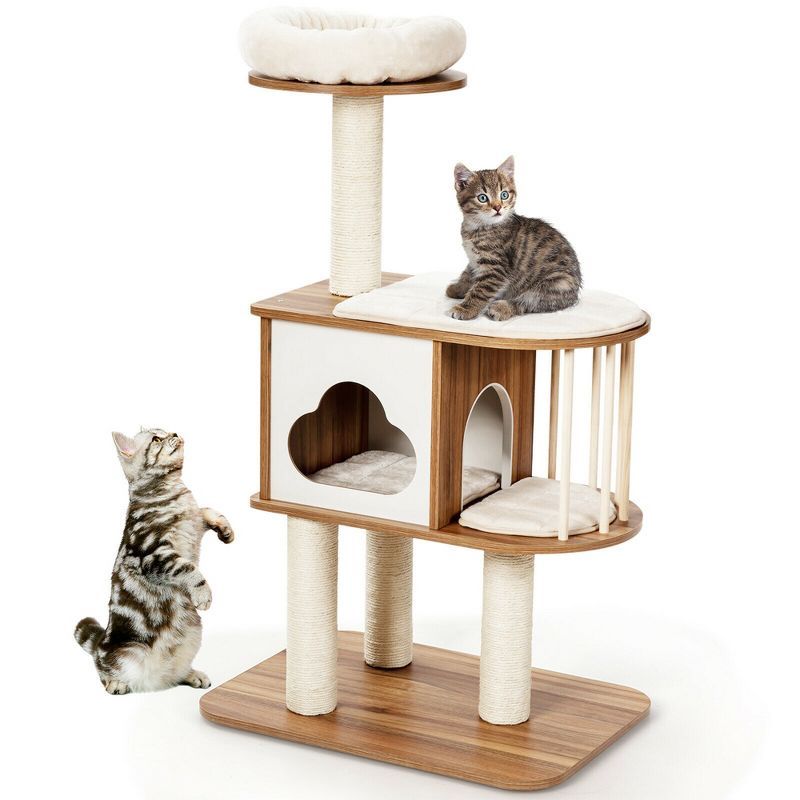 Natural Wood and Sisal 46'' Cat Tree with Platforms and Cushions