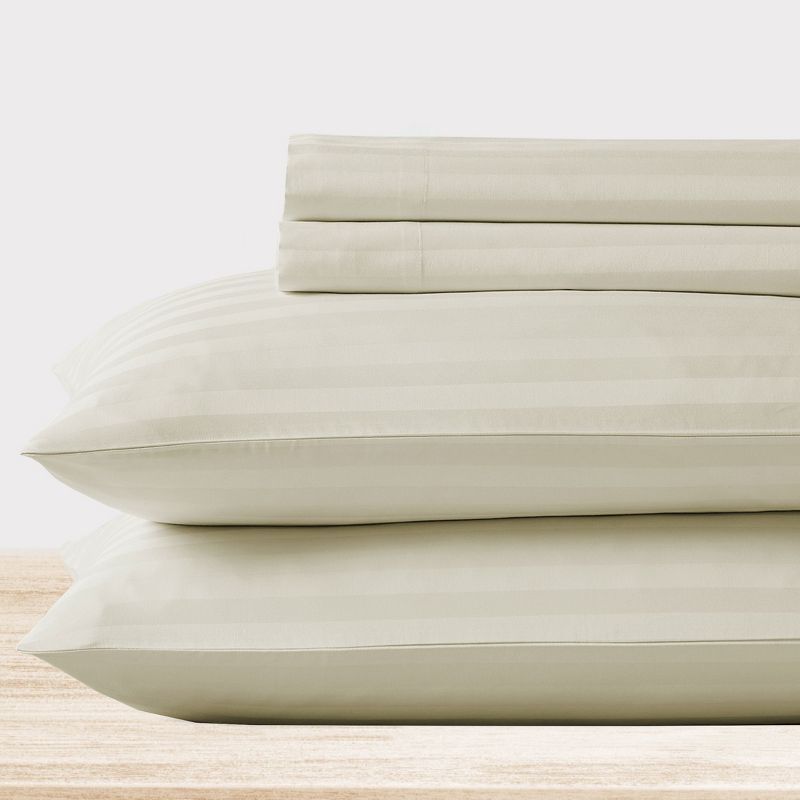 Ivory Striped Cotton Sateen California King Sheet Set