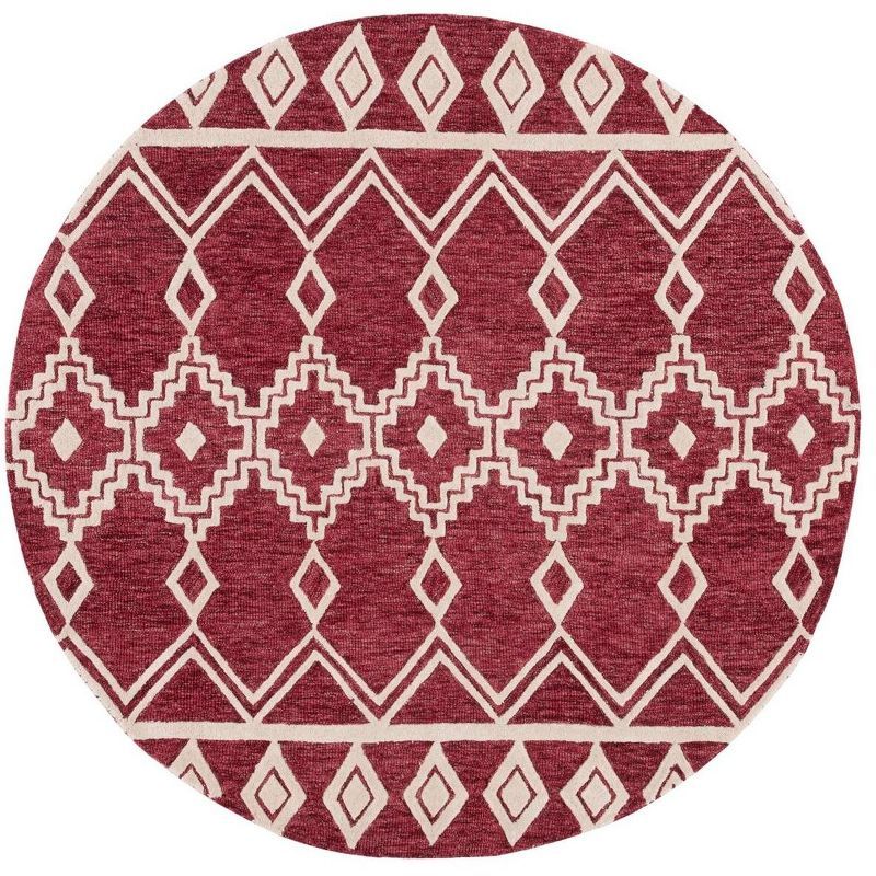 Handmade Red and Ivory Wool Abstract Round Rug, 6' x 6'