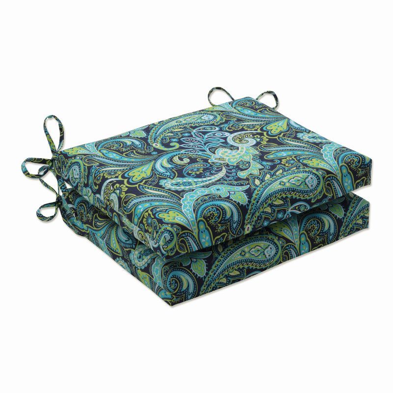 Aqua Blue and Navy Paisley Outdoor Seat Cushion Set