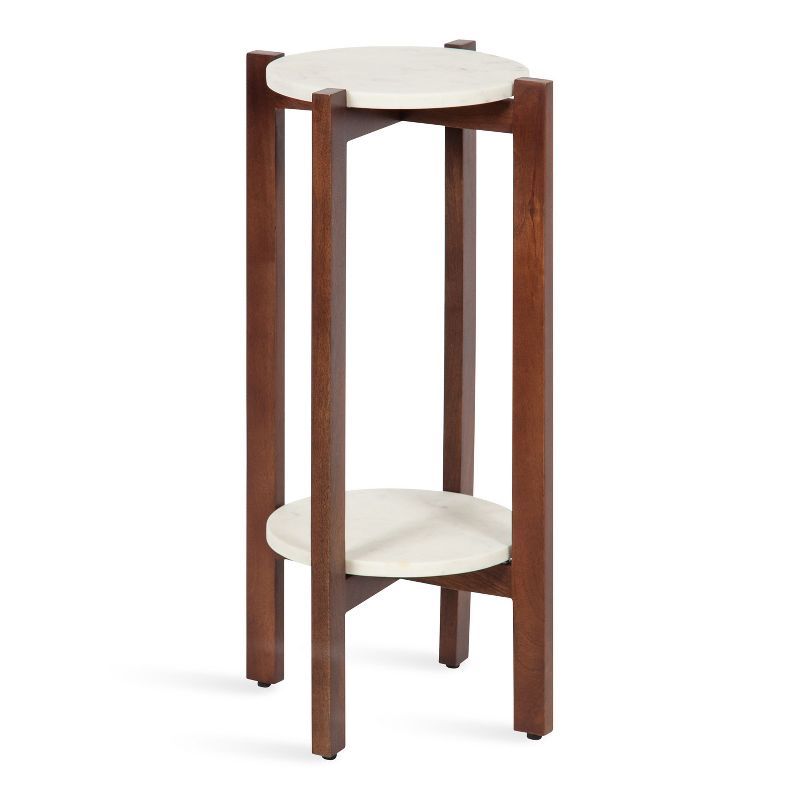 Walnut Brown Mango Wood and Marble Round Accent Table