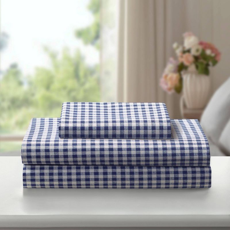 King Navy Cotton Percale Gingham Print Sheet Set