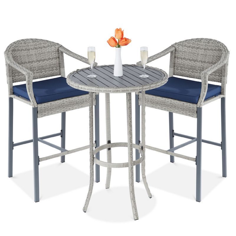 Gray and Blue Wicker Outdoor Bistro Set with Barstools