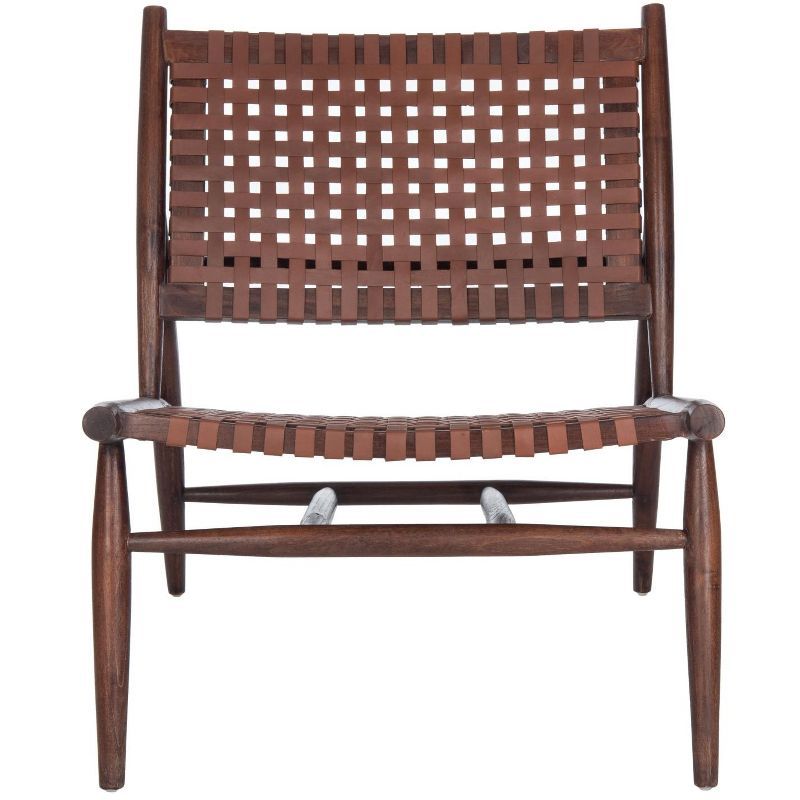 Cognac Brown Leather Woven Armless Slipper Chair