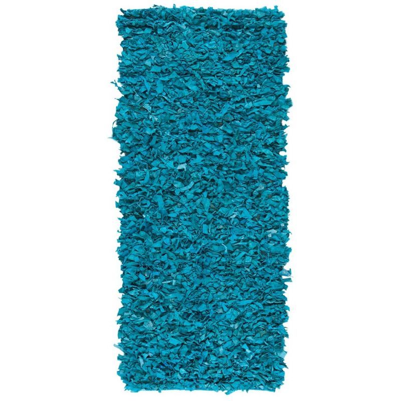 Hand-Knotted Light Blue Leather Shag Runner Rug