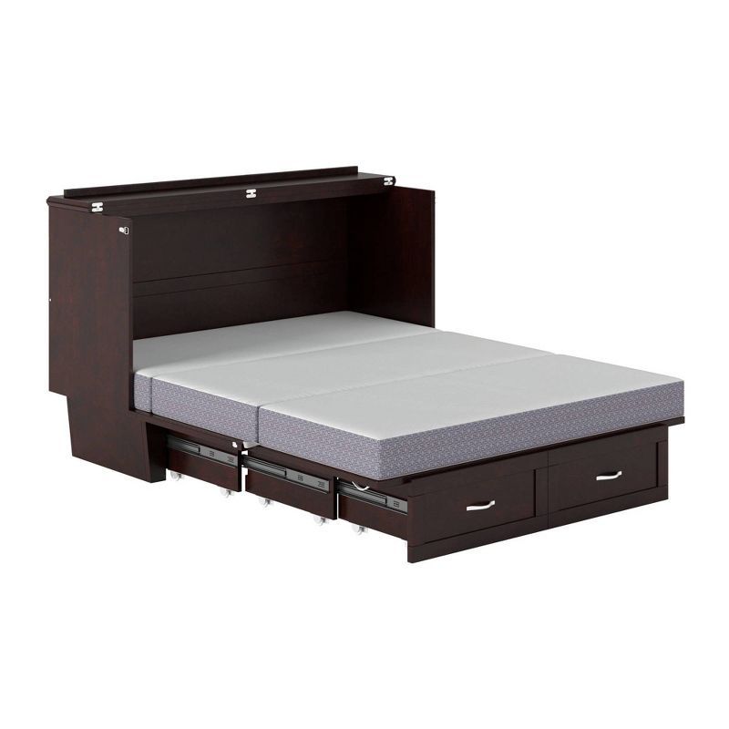 Espresso Queen Murphy Bed Chest with Memory Foam Mattress and USB Charging