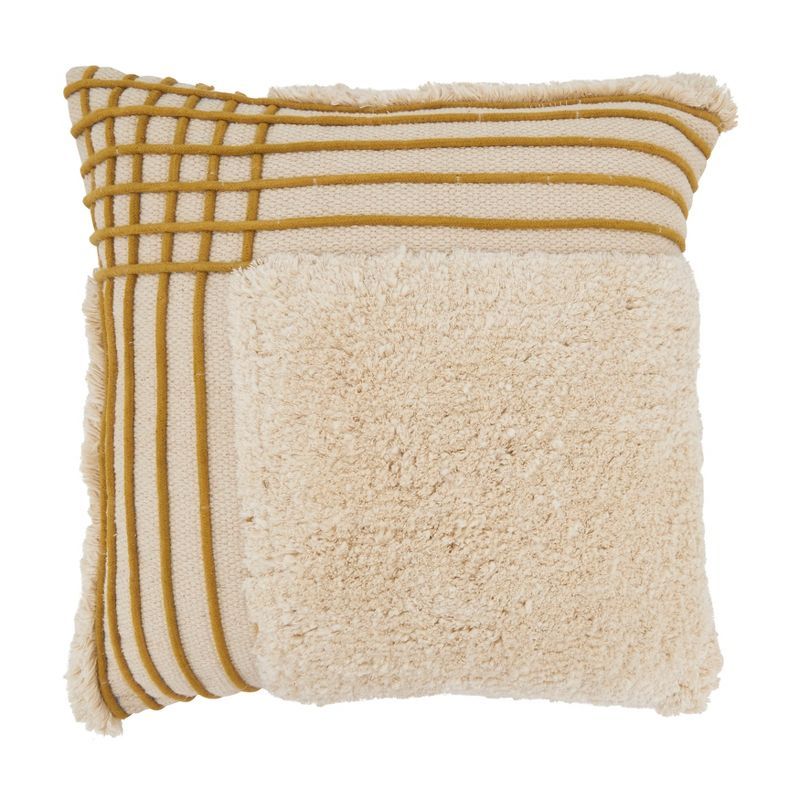 Beige Cotton Square Tufted Throw Pillow with Removable Cover