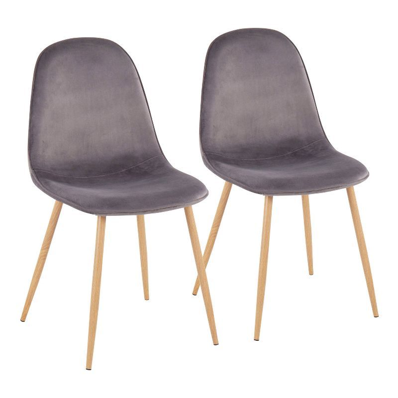 Natural Wood and Grey Velvet Upholstered Dining Chair Set