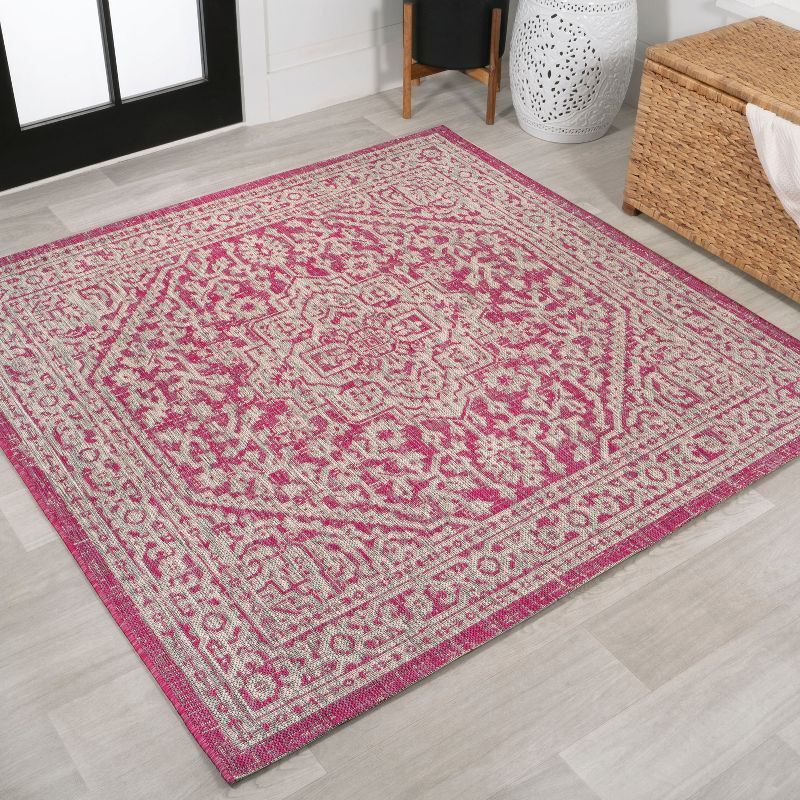 Fuchsia and Light Gray Medallion Square Outdoor Rug - 5' Synthetic