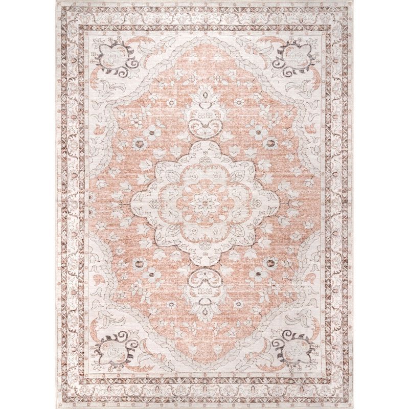 Ivory and Peach Floral Medallion Washable Area Rug