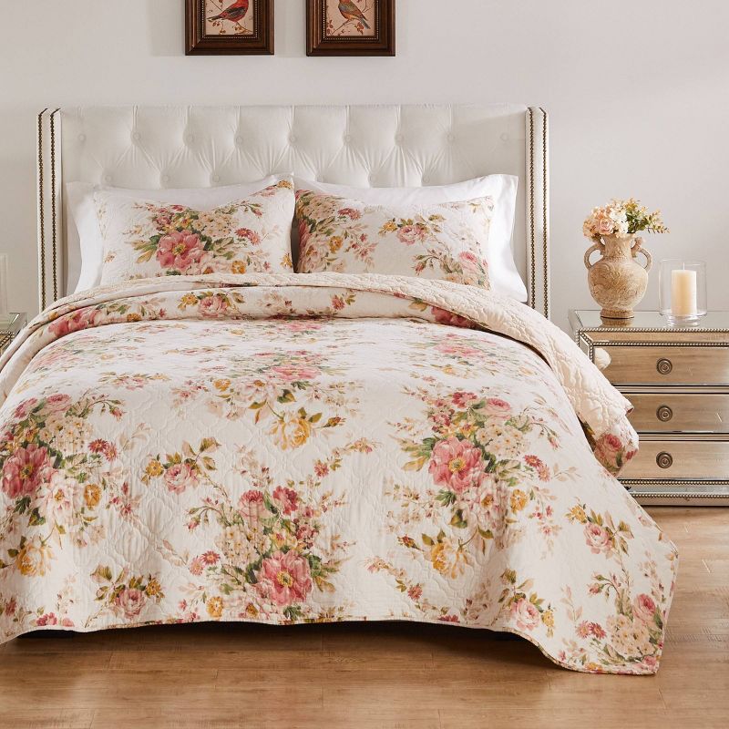 Full Pink Cotton Reversible Floral Quilt Set