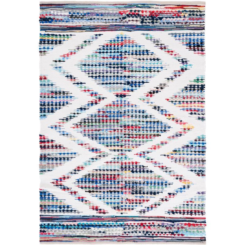 Ivory and Blue Handwoven Cotton Rectangular Area Rug