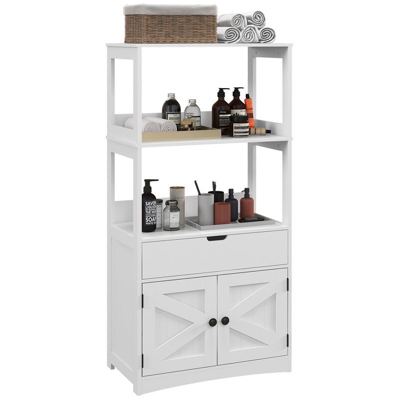 White MDF Freestanding Bathroom Storage Cabinet with Shelves and Doors