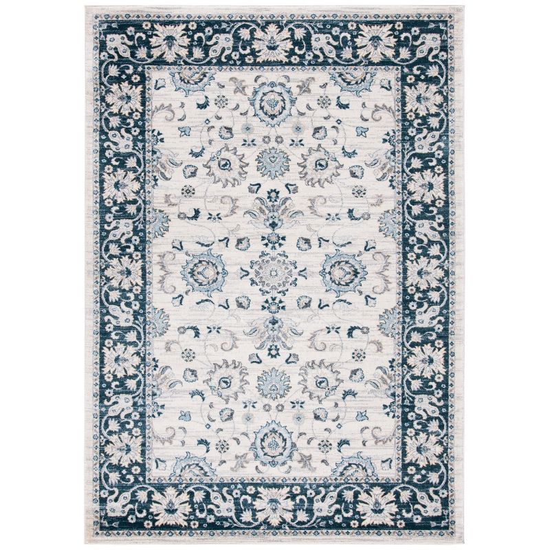 Elegant Cream/Navy Hand-Knotted Synthetic Rectangular Area Rug