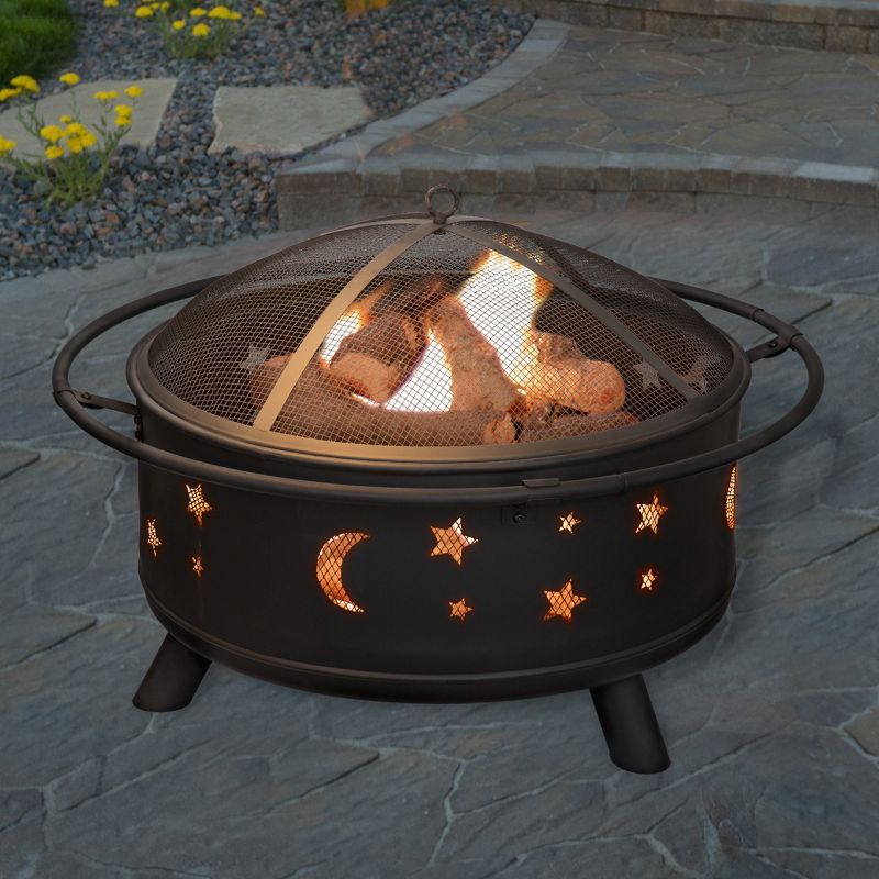 32-Inch Black Steel Wood Burning Fire Pit with Star and Moon Cutouts